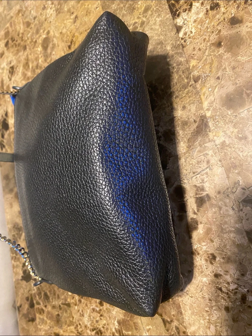 Furla Black Leather Crossbody with Blue Interior and Gold Chain